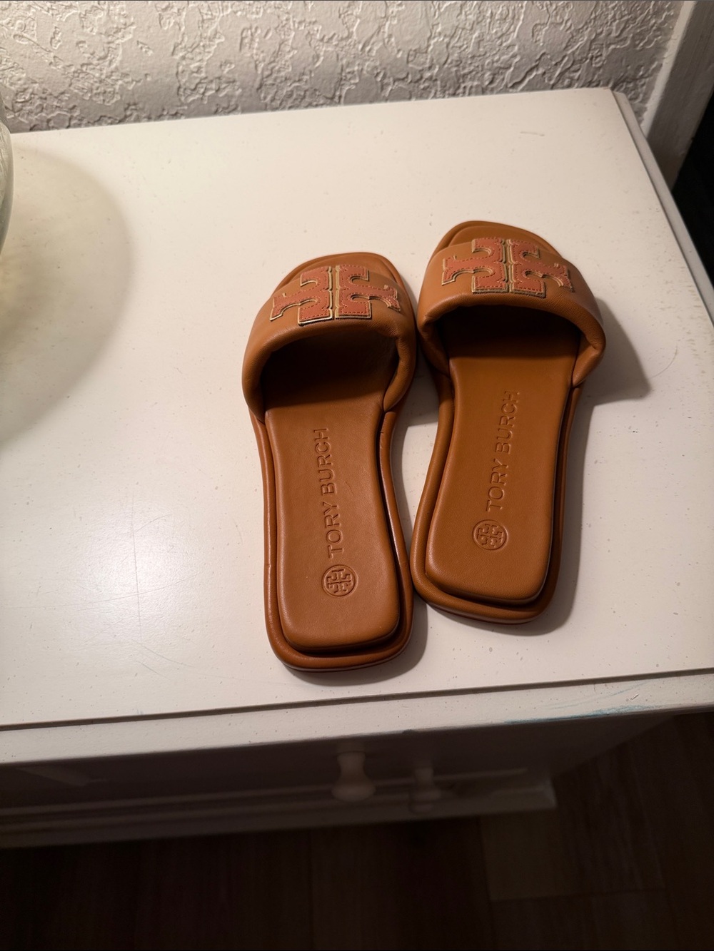 Tory Burch Cognac Leather Slide Mules with Logo